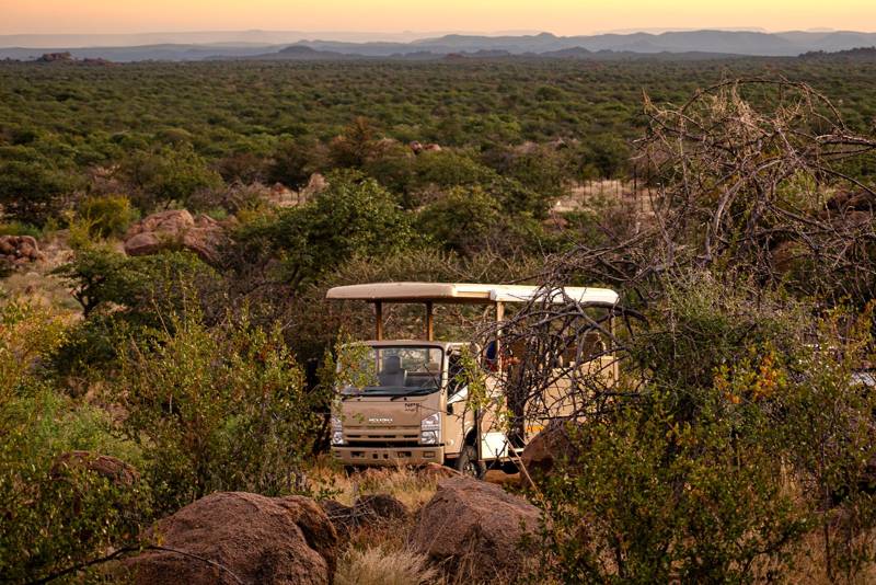 Game drive vehicle at sunset